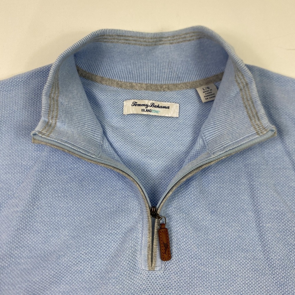 Tommy Bahama Sweater Mens Large Light Blue IslandZone Quarter Zip Pullover Knit